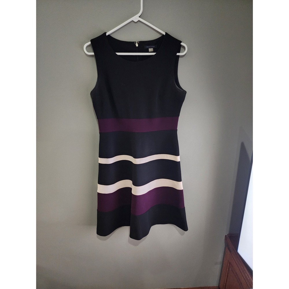 Tommy Hilfiger Womens Sleeveless Color Block Striped Fit and Flare Dress Black 8